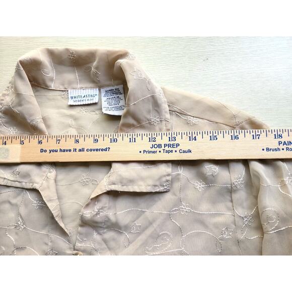TOP/BLOUSE-WHITE STAG-Tan-Sheer-Button Up-Embroidery-3/4 Sleeves-Size Plus 16 W - Picture 6 of 16